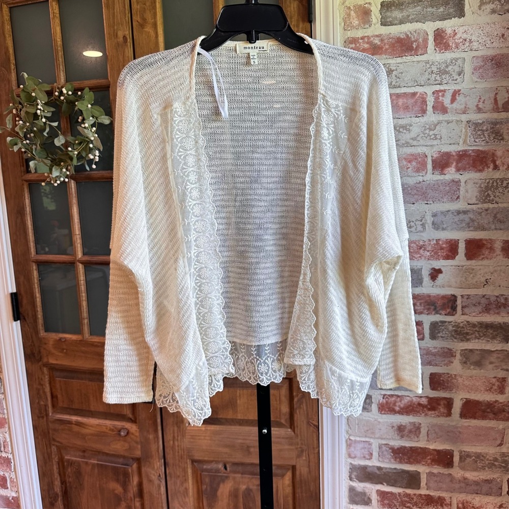 Monteau Cardigan Womens Cream Lace Trim Open Front Sheer Knit Boho Romantic S